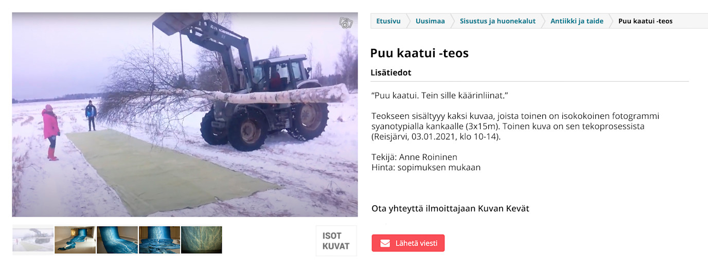 Kuvassa Tori.fi - ilmoitus. Ilmoituksessa on myynnissä taiteilijan "Puu kaatui" -teos . Ilmoituksessa on kuvia ja tietoa teoksesta. 